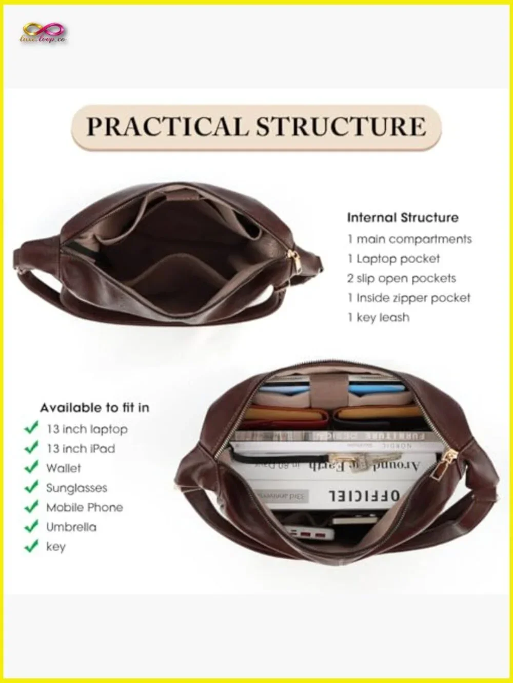 Slouchy Hobo Shoulder Bag Crossbody Laptop Purse with Padded Sleeve Adjustable